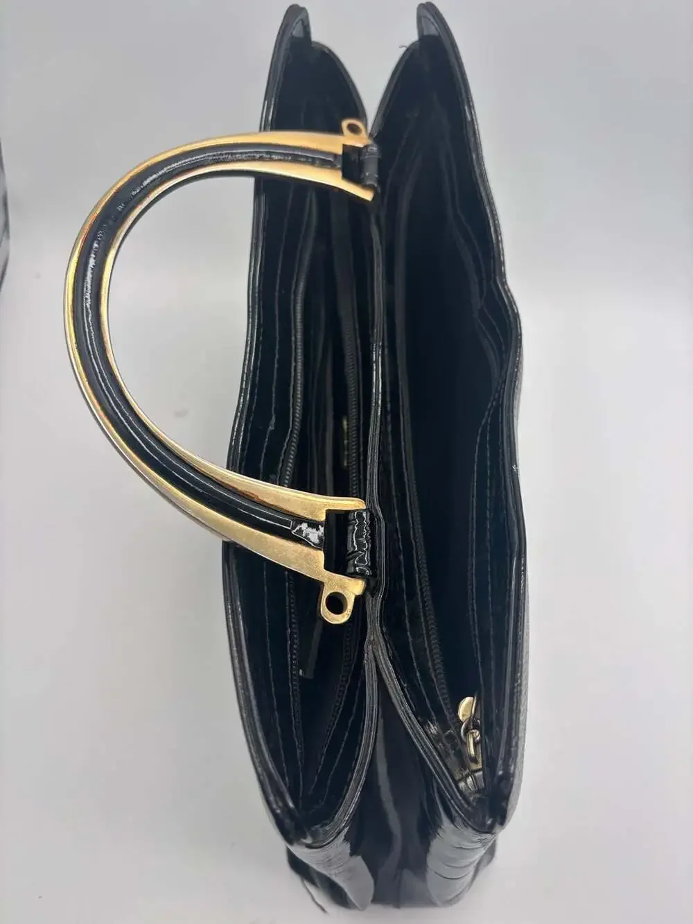 Vintage H.B. Black Patent Faux Reptile Handbag with Gold Metal Handle - 80s